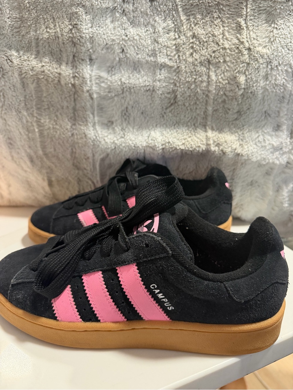 adidas Womens Campus Sneakers in Black with Pink Stripes and Gum Sole